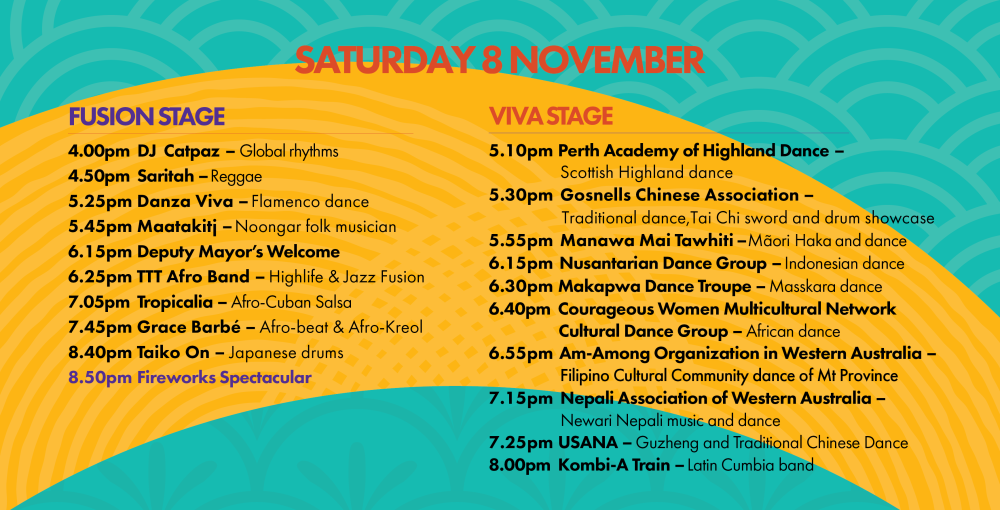 Saturday stage schedule for both Fusion and Viva stages