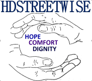HDSTREETWISE in blue capital letters, above two hands circling the words HOPE COMFORT DIGNITY