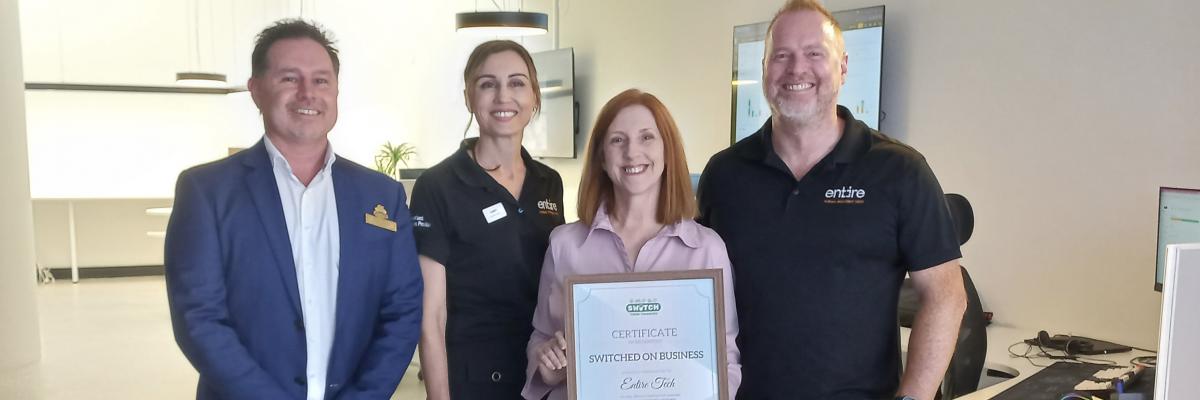 City of Gosnells Councillor Aaron Adams and SEREG Chair and City of Armadale Mayor Ruth Butterfield with previous Switched On Business award winners David and Gabby Locke from Entire Tech