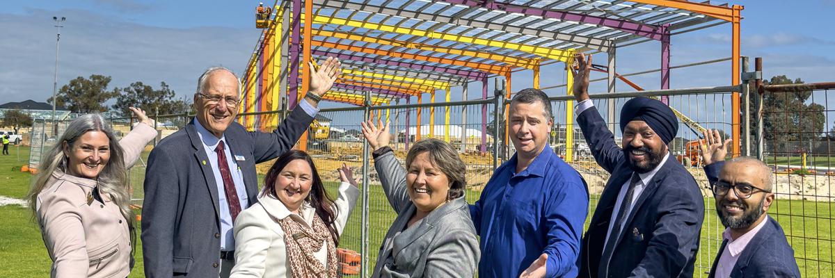 Mayor Terresa Lynes, centre, and Councillors Diane Lloyd, Peter Abetz, Serena Williamson, Balli Singh and Saiful Islam joined Southern River MLA Terry Healy at Sutherlands Park to view progress on the new Youth Entertainment Space.