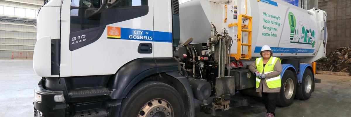 Caption – Mayor Terresa Lynes with a City of  Gosnells Waste Truck at the Kwinana Waste  to Energy facility