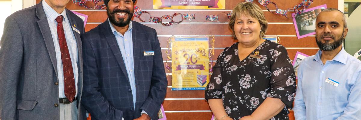 Cr Peter Abetz, Cr Balli Singh, Mayor Terresa Lynes and Cr Saiful Islam at the  Gosnells Library 20th birthday celebration. 