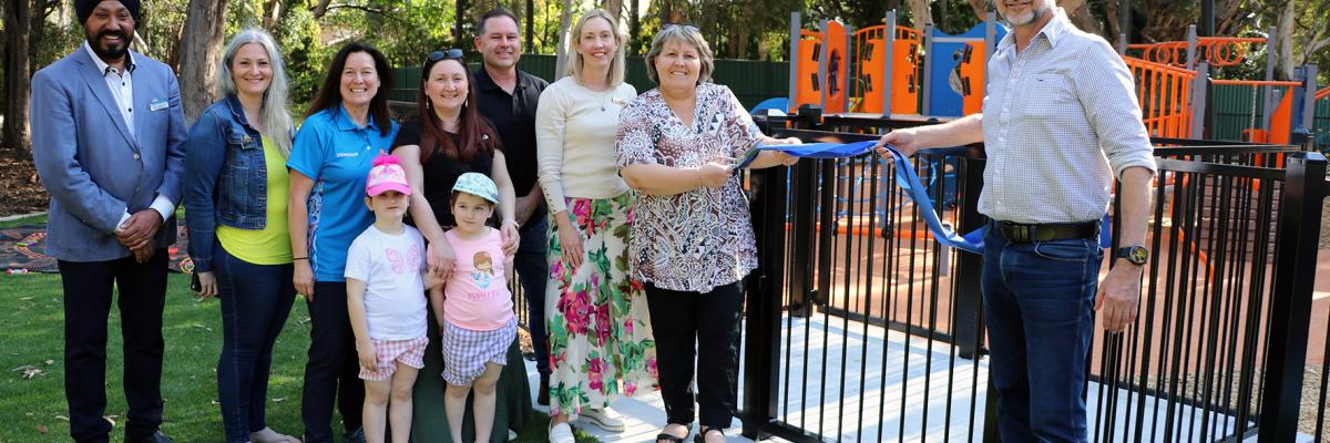 Mayor Terresa Lynes and Boral General Manager Concrete and Quarries Craig  Excell cut the ribbon to open the new playground at Boyle Park in Orange Grove, watched  by (left – right) Councillors Balli Singh, Diane Lloyd, Kylie Dalton, Serena Williamson with  her daughters Katie and Gemma, Aaron Adams and Caren Baayens.