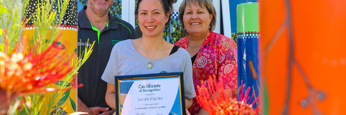 Southern River resident Sarah Clarke, pictured with City of Gosnells  Mayor Terresa Lynes and Jason Rothery of The Retic and Landscape Shop has  won the City’s Sustainable Garden competition. 