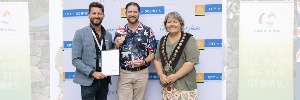 City of Gosnells Mayor Terresa Lynes with Citizen of the Year Rodney Glossop (centre) and Australia Day Ambassador Julian Pace