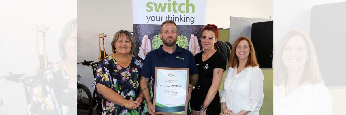City of Gosnells Mayor Terresa Lynes (left) and City of Armadale Mayor and South East Regional Energy Group Chair Ruth Butterfield (right) present the Switched On Business Award to Li-ion Energy’s Justin Manton and Sarai Ball.