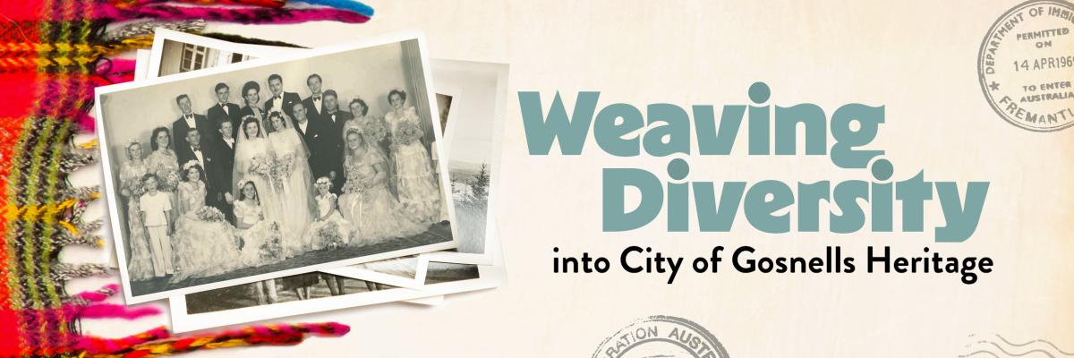 Stack of black and white photos including a photo of a double wedding on top of a multi-coloured blanket.