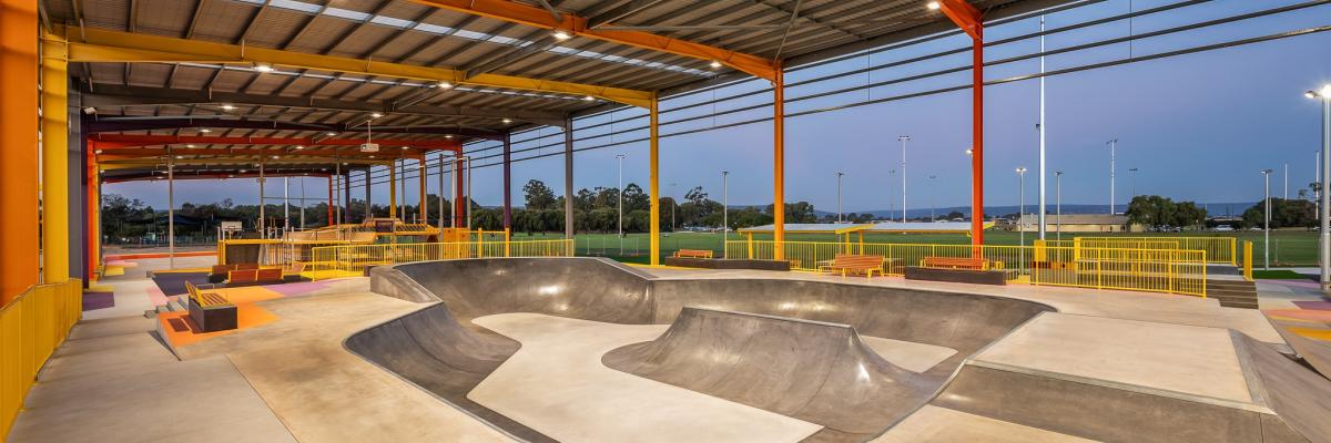 View under YES roof showing skate bowl