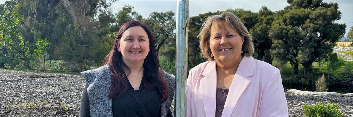 City of Gosnells Mayor Terresa Lynes (right) and Deputy Mayor Serena Williamson with one of the new signs discouraging illegal dumping on Holmes Street in Southern River.