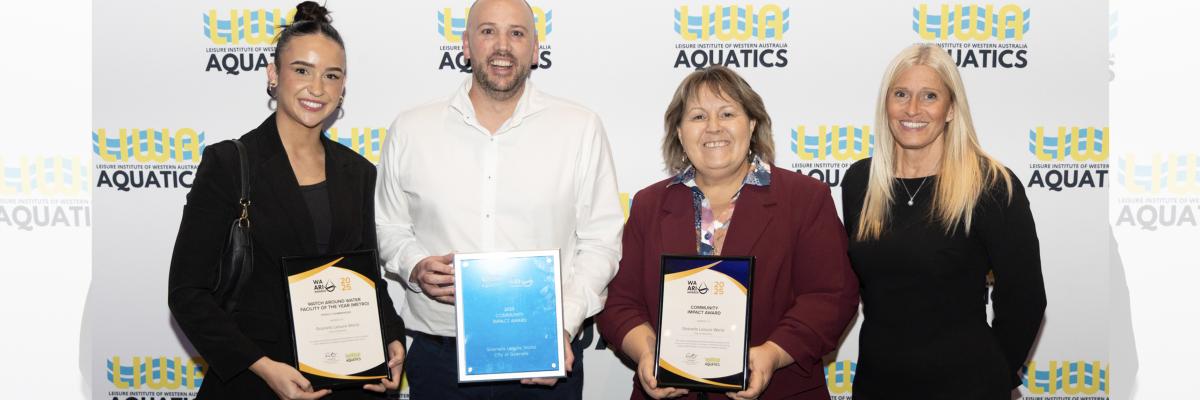 City of Gosnells Mayor Terresa Lynes (centre) with Leisure World Aquatics Team Leader Ally Lear, Coordinator Leisure World Mark Sinfield and City of Gosnells Manager Leisure and Culture Maxine Ahrens.