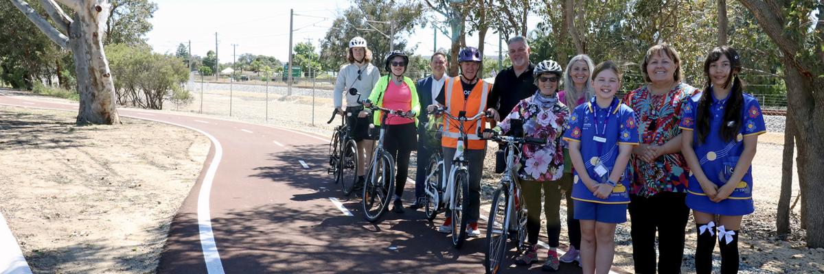 City of Gosnells Mayor Terresa Lynes, Councillors Aaron Adams, Glenn Dewhurst and Diane Lloyd, Gosnells Primary School students Lorelai Carthew and Scarlett Dallis, and GoBUG members Mary Russell, Matthew Turner, Jillian Woolmer and Graham Robinson explore the completed section of shared path along Seaforth Avenue in Gosnells.