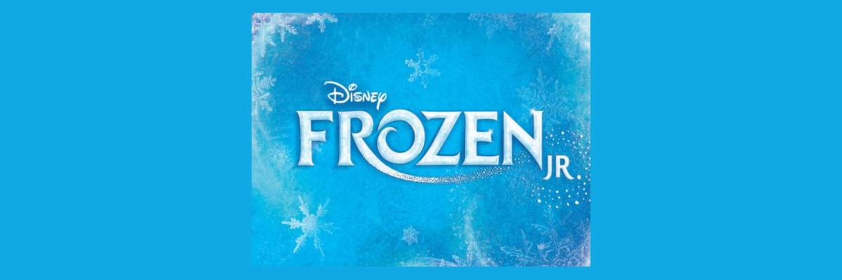 Blue icy background. White, decorative text that reads "Disney's Frozen Jr".
