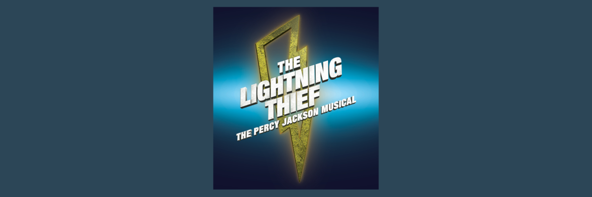 A lighting bolt on a blue background, with text reading "The Lighting Thief: The Percy Jackson Musical" layered on top.