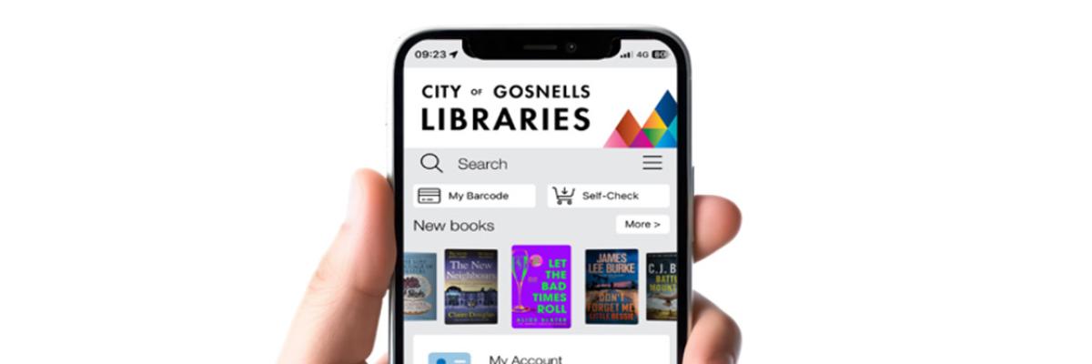 Hand holding a phone showing the City of Gosnells Library app