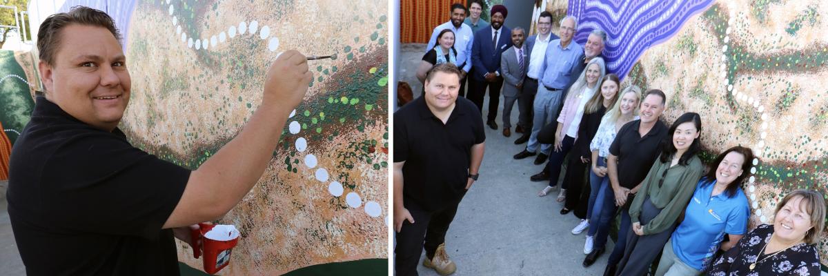 City of Gosnells Mayor Terresa Lynes takes a look at the new mural on the Burslem Drive underpass with artist Rohin Kickett, Maddington Central representatives Cobus van der Merwe and Isabella Tinley, Deputy Mayor Serena Lynes and Councillors Malik Sajjad, Dillon Mason, Balli Singh, Saiful Islam, Peter Abetz, Glenn Dewhurst, Diane Lloyd, Leah Szczyglak, Aaron Adams, Emma Zhang and Kylie Dalton.