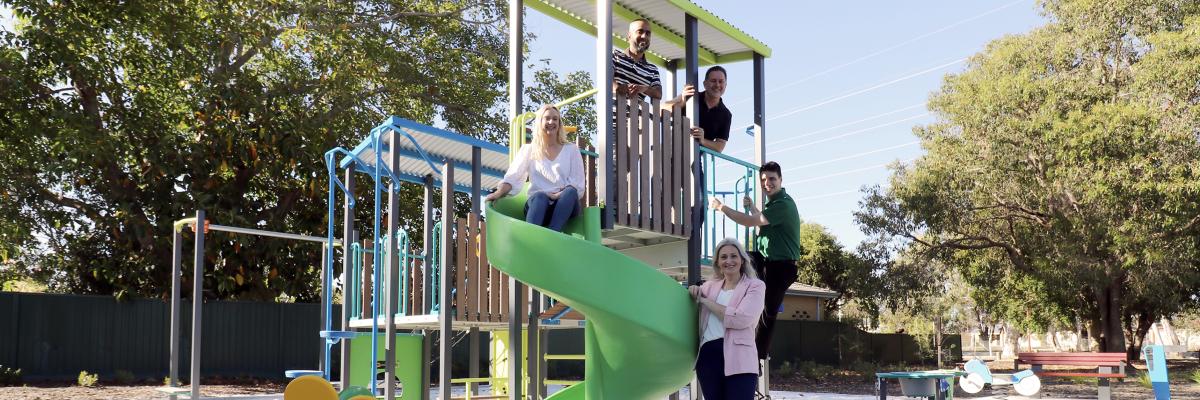 Councillors Leah Szczyglak, Saiful Islam, Aaron Adams, Diane Lloyd and Dillon Mason (left to right) explore the new playground at Wilpon Park in Beckenham.