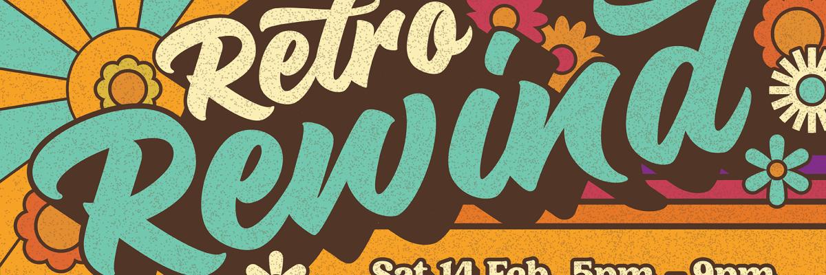 Retro Rewind logo with 70s style flowers and colours