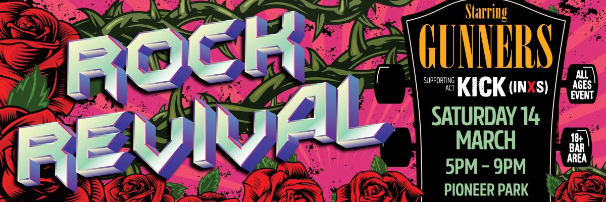 logo for Rock revival with roses in the background 