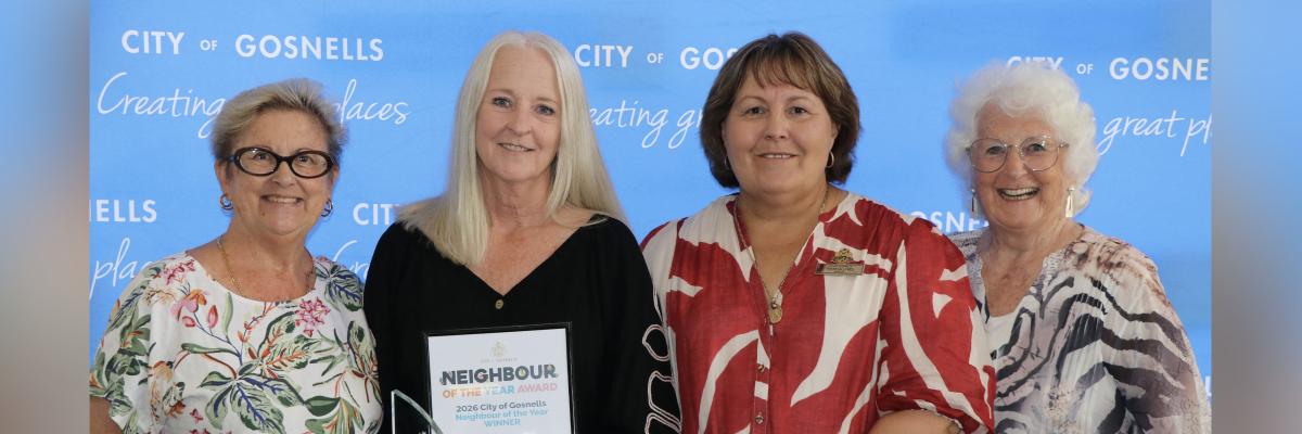 City of Gosnells Mayor Terresa Lynes congratulates 2026 Neighbour of the Year winner Liz Tander. (L-R Nominator Sue Hodson, winner Liz Tander, Mayor Terresa Lynes and Liz’s mother Suzanne Hanley).