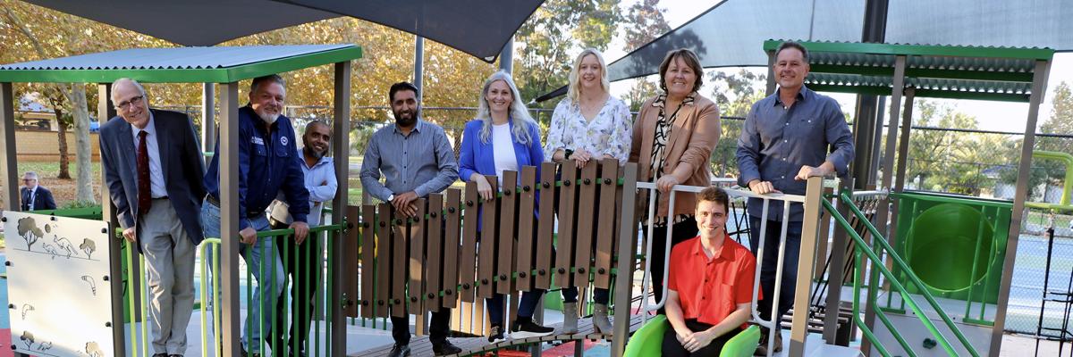 City of Gosnells Mayor Terresa Lynes (third from right) and Councillors Peter Abetz, Glenn Dewhurst, Saiful Islam, Malik Sajjad, Diane Lloyd, Leah Szczyglak, Dillon Mason and Aaron Adams check out the new playground at Lexington Park in Canning Vale