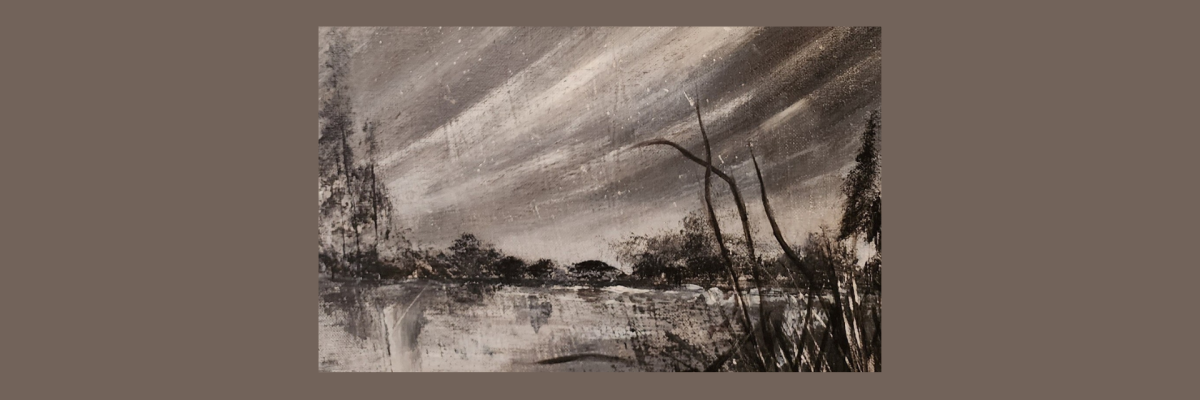 Greyscale landscape painting of a lake