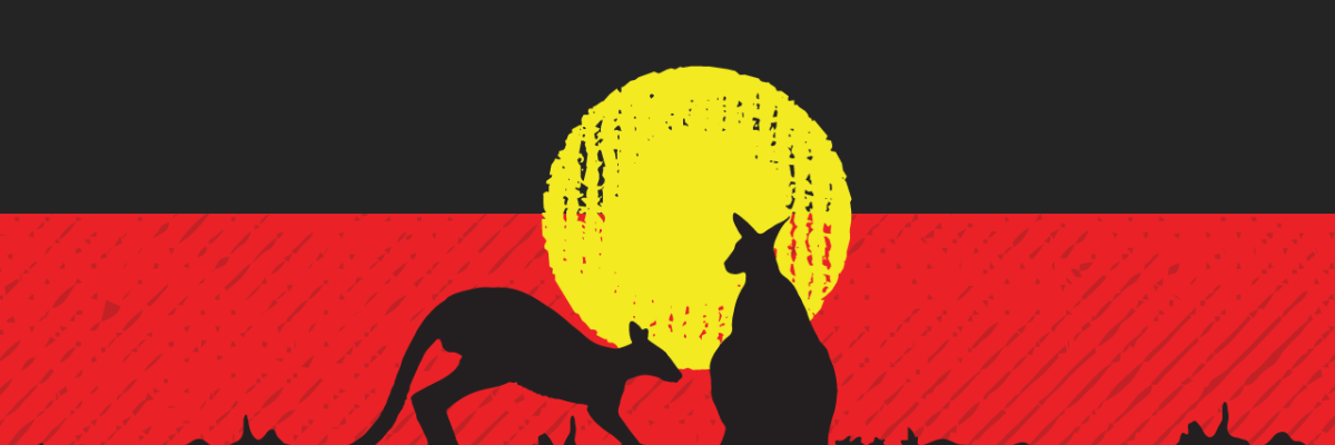 NAIDOC Website Banner depicting kangaroo silhouette on a red and black background with a yellow sun 