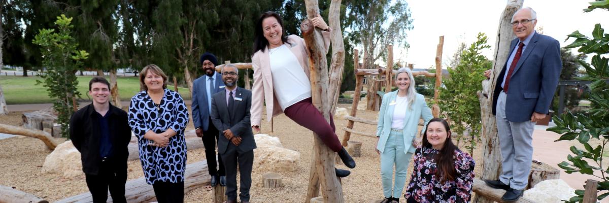 City of Gosnells Mayor Terresa Lynes (second from left) and Councillors Dillon Mason, Balli Singh, Saiful Islam, Kylie Dalton, Diane Lloyd, Serena Williamson and Peter Abetz explore the new playground at Aldenham Park.