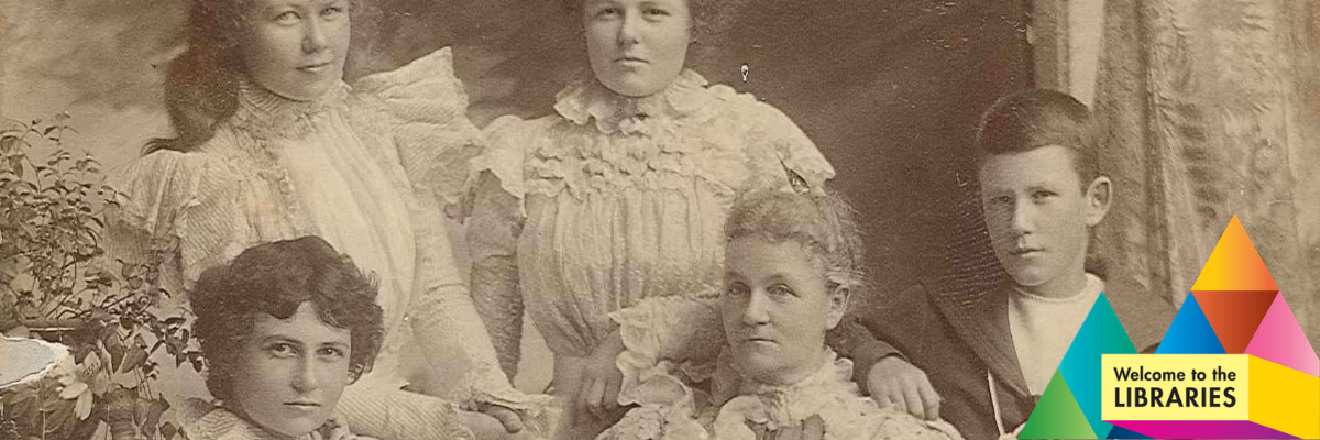 An old sepia photo of five people from the Liddelow family circa 1896
