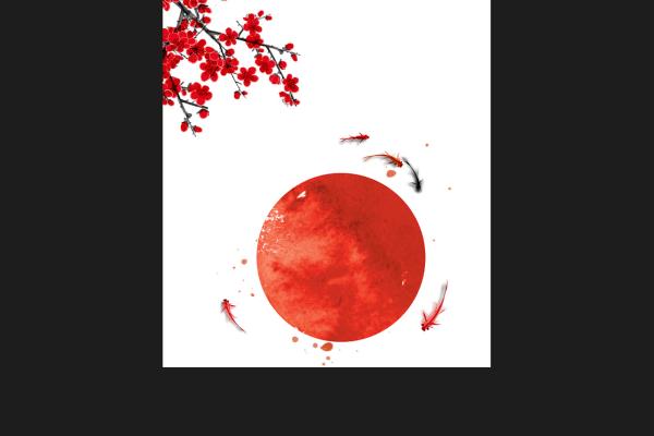 Japanese style red sun, cherry blossom and koi