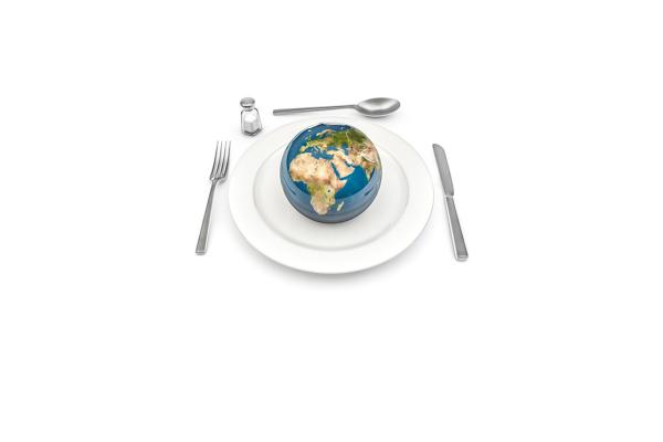 World globe on a dinner plate with knife and fork