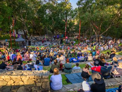 Image of large crowd looking down at a stage