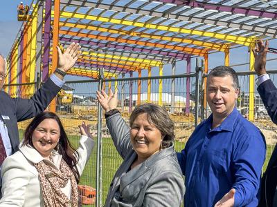 Mayor Terresa Lynes, centre, and Councillors Diane Lloyd, Peter Abetz, Serena Williamson, Balli Singh and Saiful Islam joined Southern River MLA Terry Healy at Sutherlands Park to view progress on the new Youth Entertainment Space.