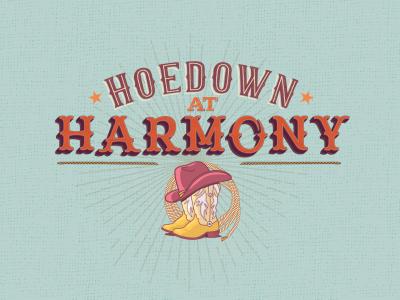 Icon with Hoedown at Harmony written with a cowboy boot icon