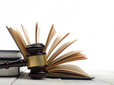 A gavel sitting in front of an open book