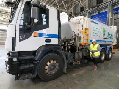 Caption – Mayor Terresa Lynes with a City of  Gosnells Waste Truck at the Kwinana Waste  to Energy facility