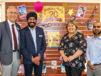 Cr Peter Abetz, Cr Balli Singh, Mayor Terresa Lynes and Cr Saiful Islam at the  Gosnells Library 20th birthday celebration. 