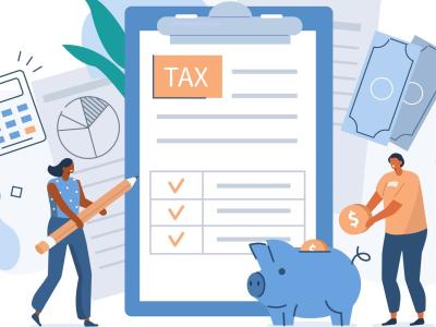 illustration with people, money and tax form