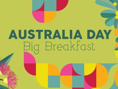 Logo that says Australia Day Big Breakfast with wattle icons