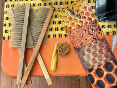 An orange table-top, with a selection of honeycomb and bee-related paraphernalia on top of it