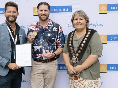 City of Gosnells Mayor Terresa Lynes with Citizen of the Year Rodney Glossop (centre) and Australia Day Ambassador Julian Pace