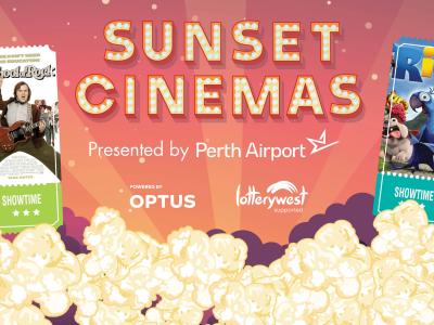 Image showing Sunset Cinemas with the upcoming movie images on the left and right of graphic