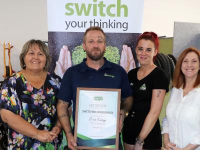 City of Gosnells Mayor Terresa Lynes (left) and City of Armadale Mayor and South East Regional Energy Group Chair Ruth Butterfield (right) present the Switched On Business Award to Li-ion Energy’s Justin Manton and Sarai Ball.