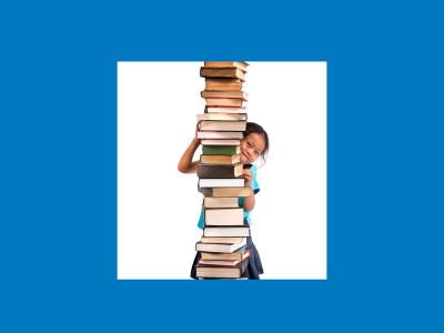 Small girl with a big stack of books