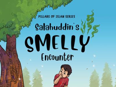 A children's picture book cover with the words "Salahuddin's Smelly Encounter" on a blue background. A little boy in a red shirt stands beneath a tree and holds his nose as if smelling something unpleasant.