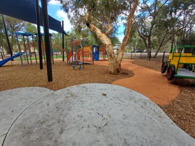 Boyle Playground, path meandering around playground and gym tree