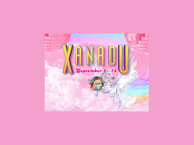 Rainbow clouds in the background. In the foreground, golden text reading XANADU. Beneath it, pink text reading SEPTEMBER 5-13. Below that, a logo stating AIM and a picture of a white flying horse with wings.