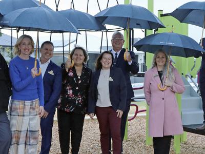 Councillors Glenn Dewhurst, Caren Baayens, Aaron Adams, Mayor Terresa Lynes and Councillors Kylie Dalton, David Goode, Diane Lloyd, Saiful Islam and Balli Singh didn’t let the weather stop them from checking out the new playground at Woodswallow Park in Maddington.