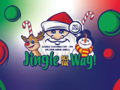 Shows Santa, reindeer and snowman with Jingle All the Way in text