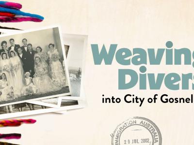 Stack of black and white photos including a photo of a double wedding on top of a multi-coloured blanket.