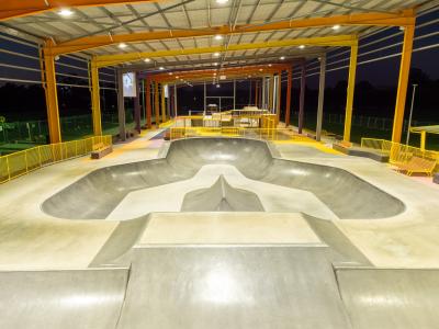 View under YES roof showing skate bowl